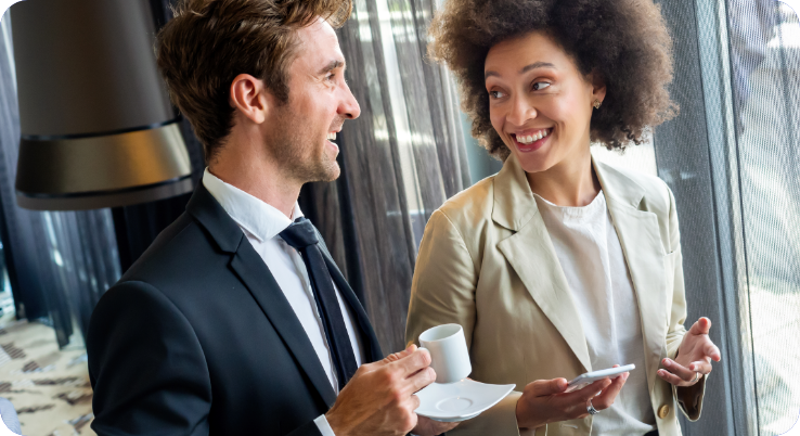 Man and woman talking about business