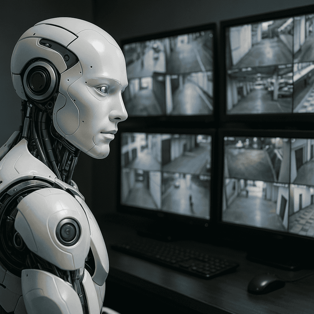 AI Humanoid robot supervising CCTV cameras as a security officer