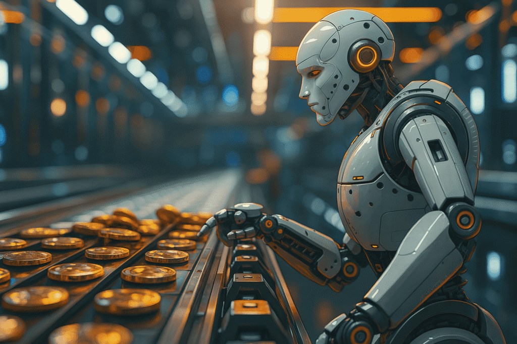 AI humanoid robot working on the production line with gold coins
